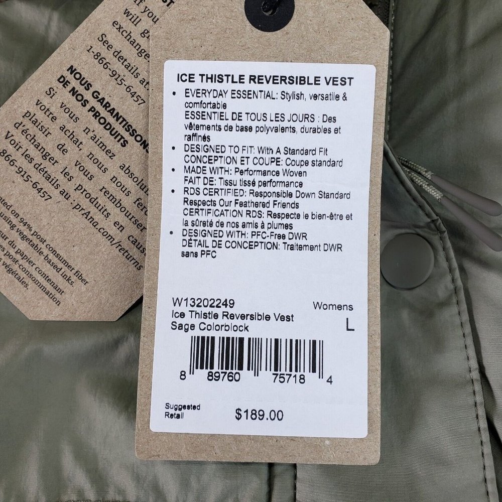 Prana Reversible Down Puffer Hooded Vest Ice Thistle Women Sz Large Sage Green - Picture 5 of 8